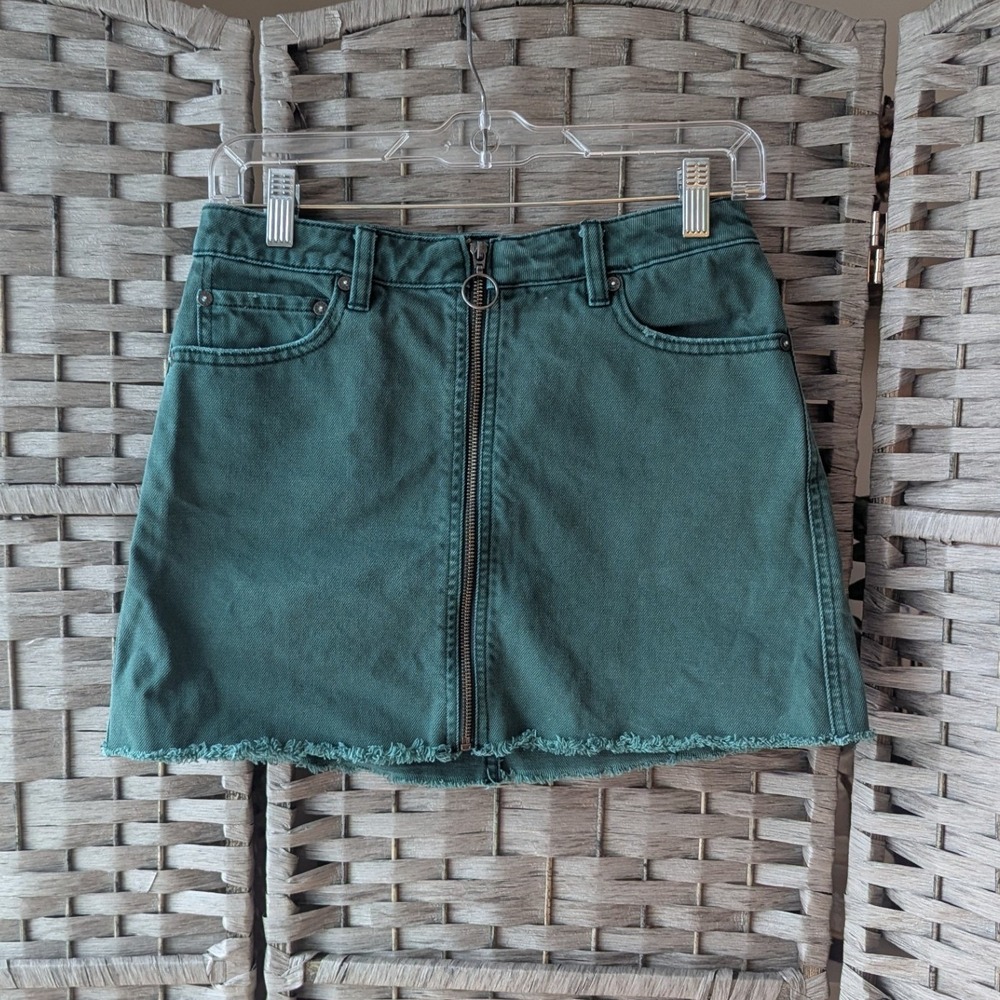 We The Free Denim Mini Skirt Green Zip Front Raw Hem‎ Sz 26 Boho Festival Grunge